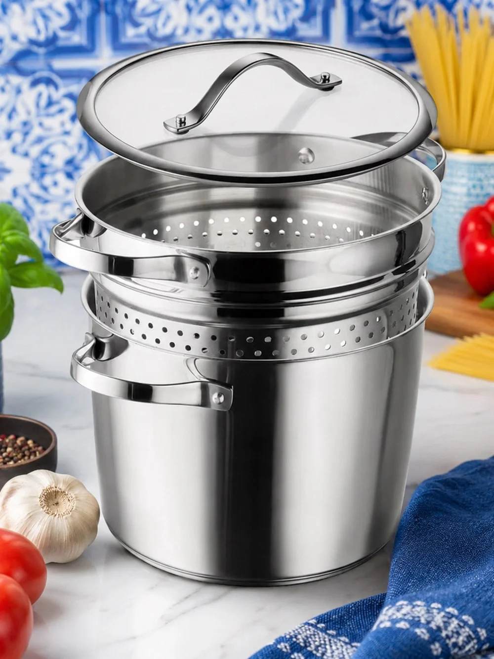 Tramontina 8 Qt Stainless Steel Multi-Cooker Pasta Insert + Glass Lid